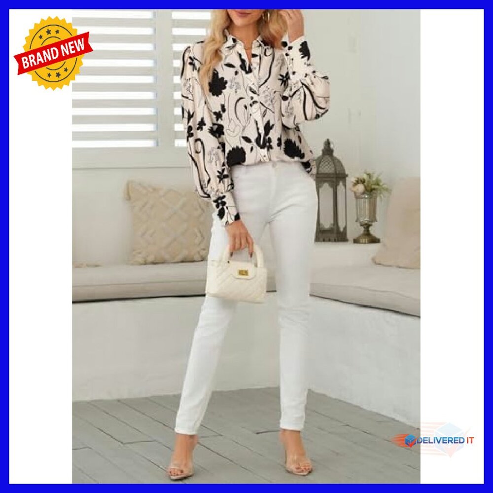 Long Sleeve Button Down Blouse, Polyester, Deep V… - image 6